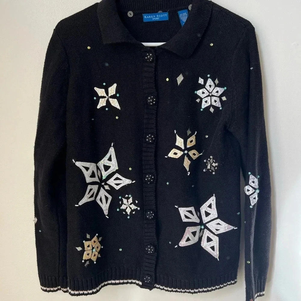 Karen Scott Sport Black Button Down Snowflake Cardigan